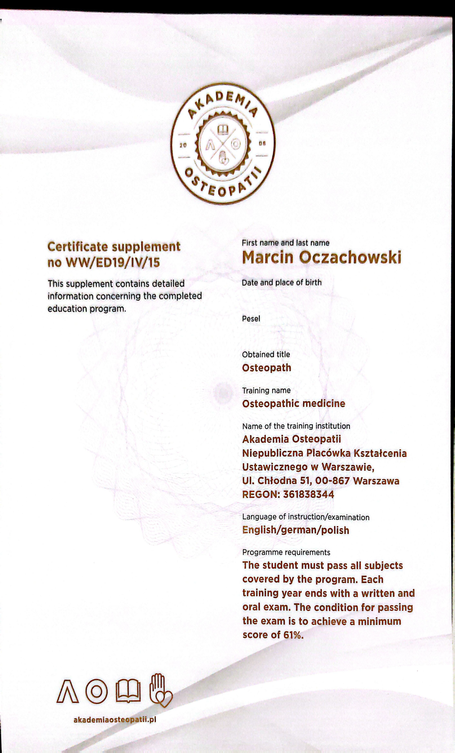 certyfikat osteopaty